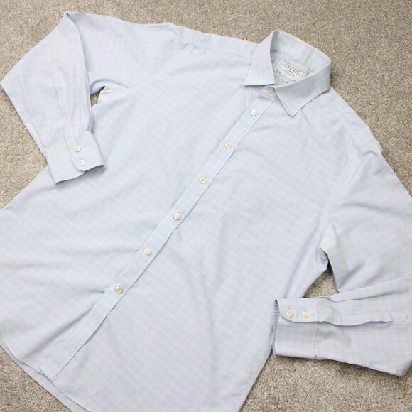 Charles Tyrwhitt Shirt Mens 16 1/2, 35 Blue/Yellow Non-Iron Slim Fit Cotton L/S - Picture 4 of 13